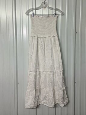 4Our Dreamers  Ruffle Tier Linen Blend Midi Dress Cottagecore Romantic Boho Chic